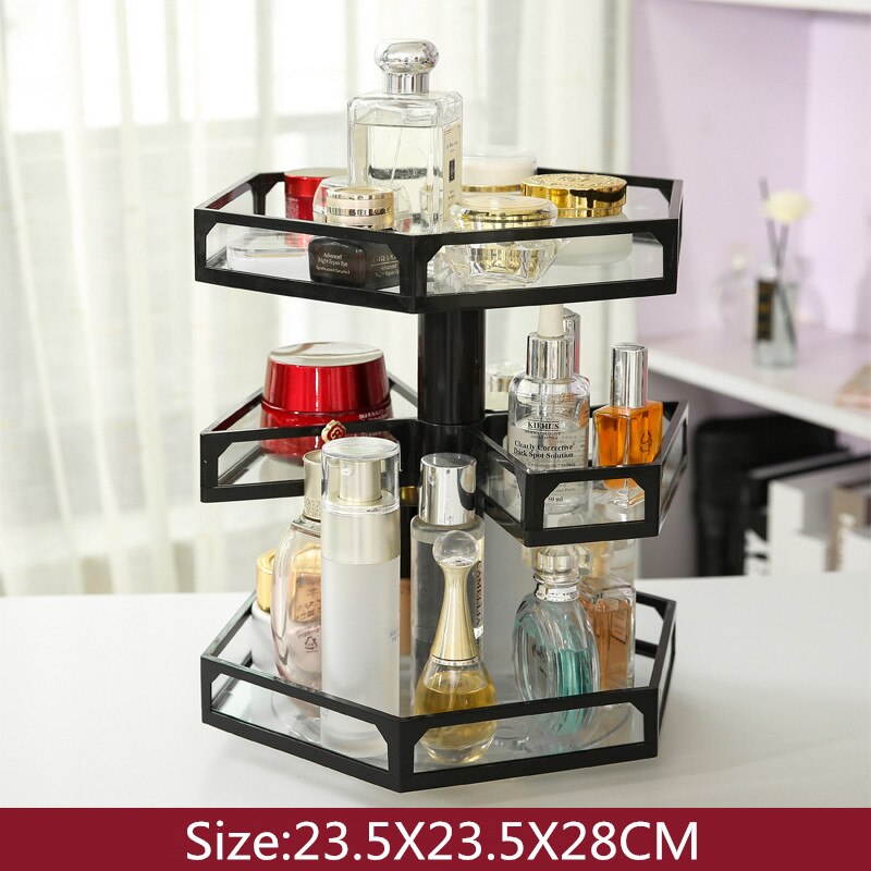 Hjem kosmetisk rack glas roterende smykker opbevaringsholder soveværelse badeværelse skrivebord stand makeup arrangør hylde parfume butikskasse: Tre lag sort
