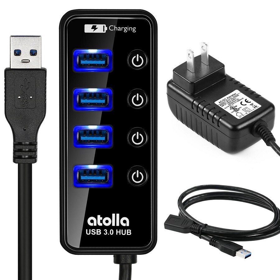 Atolla Usb 3.0 Hub Met Power Adapter, 4 + 1 Data-overdracht En Opladen Multipoort, high-Speed 5Gbps Usb Splitter Voor Macbook Air: 4-port black US kit