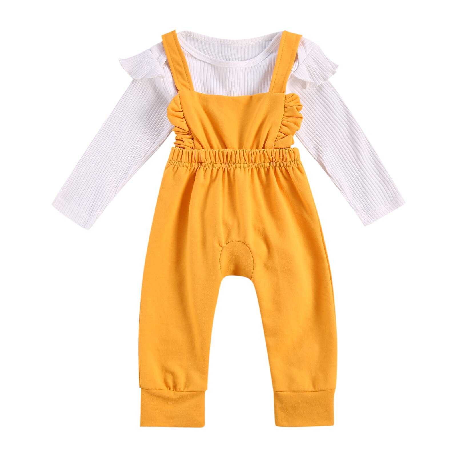 FOCUSNORM 0-24M Autumn Infant Baby Girls Boys Clothes Sets Solid Ruffles Long Sleeve Romper Tops+Bib Overalls Pants 5 Colors: YELLOW / 12M