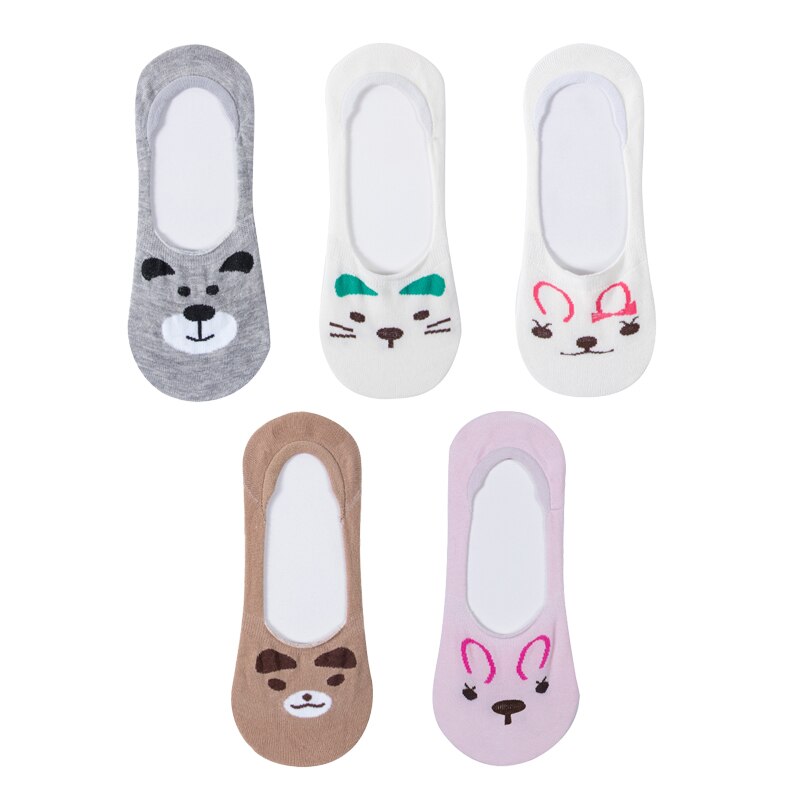 5 Pairs Lot Cotton Women Socks Female Casual Boat 3D Pack Cartoon Harajuku Cat Cute Heart Invisiable Funny Girl Ankle Sock Set: type 9