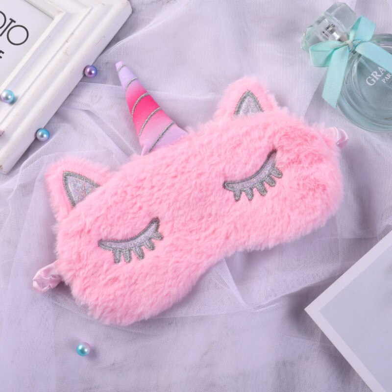 3D dessin animé licorne oeil masque soie variété masque de couchage en peluche oeil ombre couverture vue Relax masque pour voyage maison fête: Pink 2