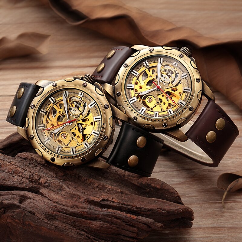 Horloge Mannen Mechanische Automatische Horloge Steampunk Skeleton Self Kronkelende Heren Horloge Retro Lederen Horloge Mannelijke Klok Montre Homme