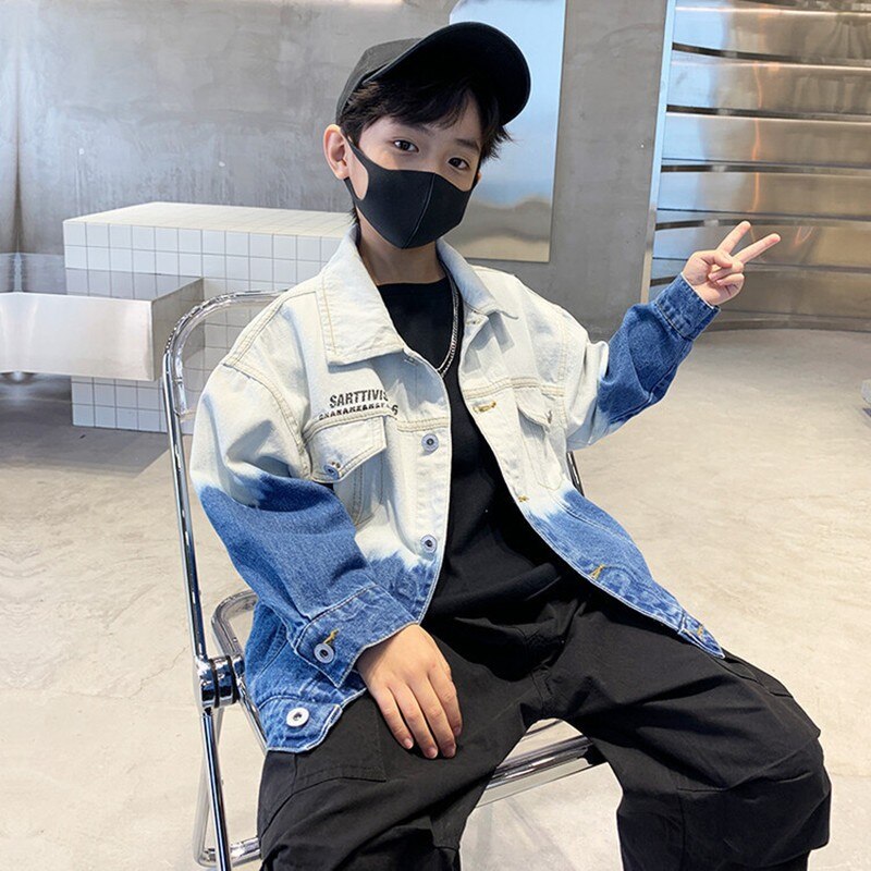 Menino primavera casaco 2022 novas crianças roupas adolescente gradiente denim jaqueta crianças casual retalhos outerwear 3 4 5 7 9 10 11 12 13 14 y
