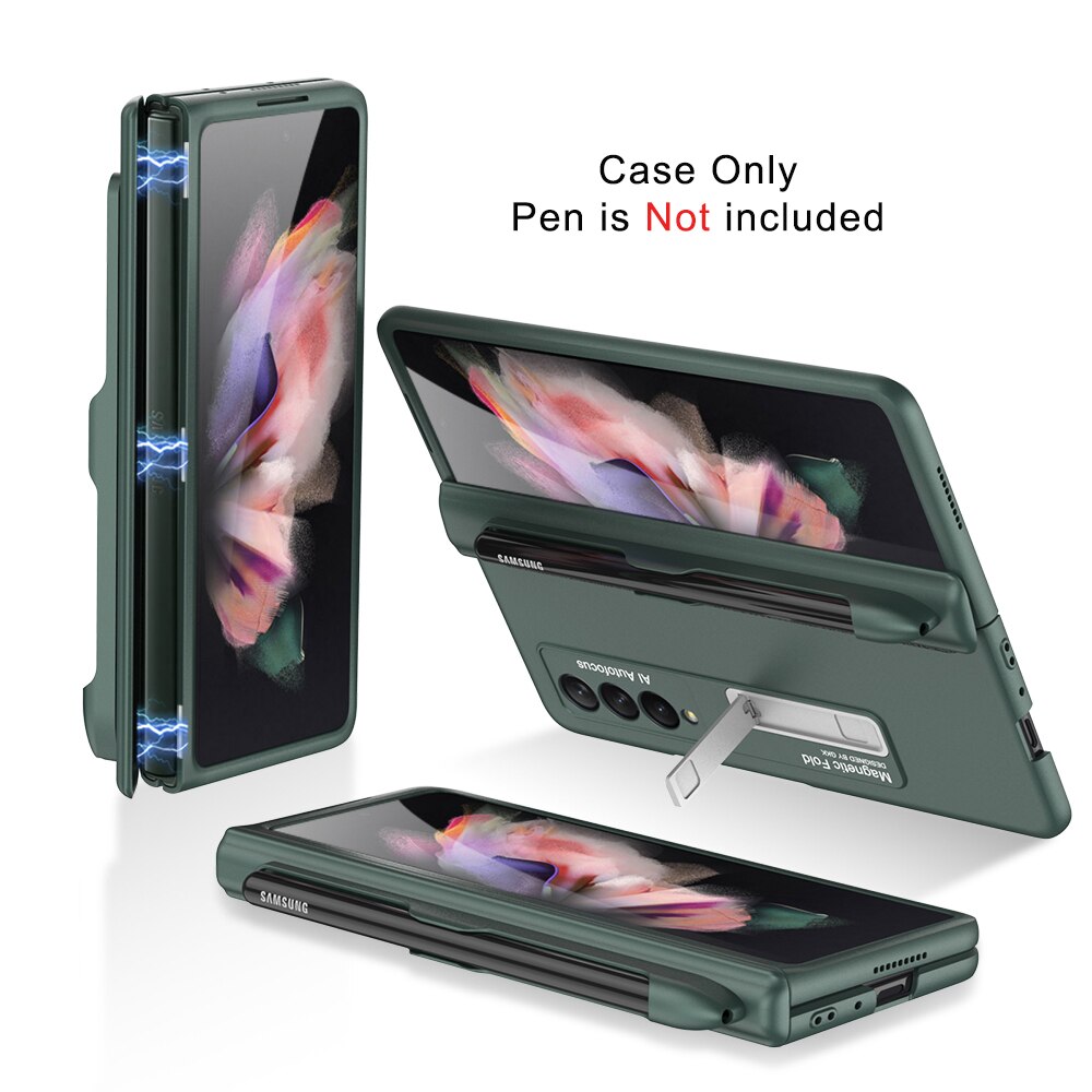 Magnetische Kickstand Pen Slot Telefoon Case Voor Samsung Galaxy Z Fold3 Vouw 3 5G Magnetische Fold Scharnier Case Armor shockproof Hard Cover: green case only