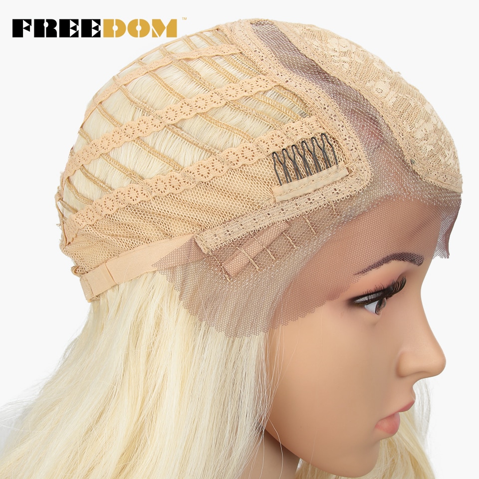 Vrijheid Synthetische Lace Pruik 20 Inche Body Wave Ombre Blond 613 Asymmetrie Pruiken Voor Zwarte Vrouwen Hittebestendige Mode Pruik
