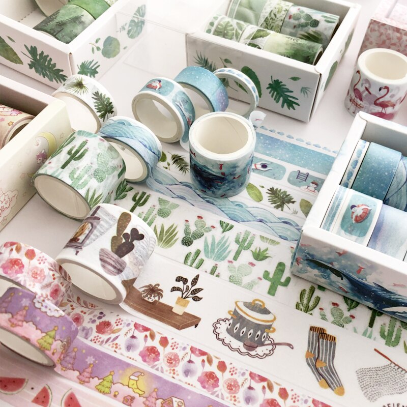 Washi Tape de papel verde, 8 Uds., Cactus azul, fruta, rosa, flamenco, cintas adhesivas, F348