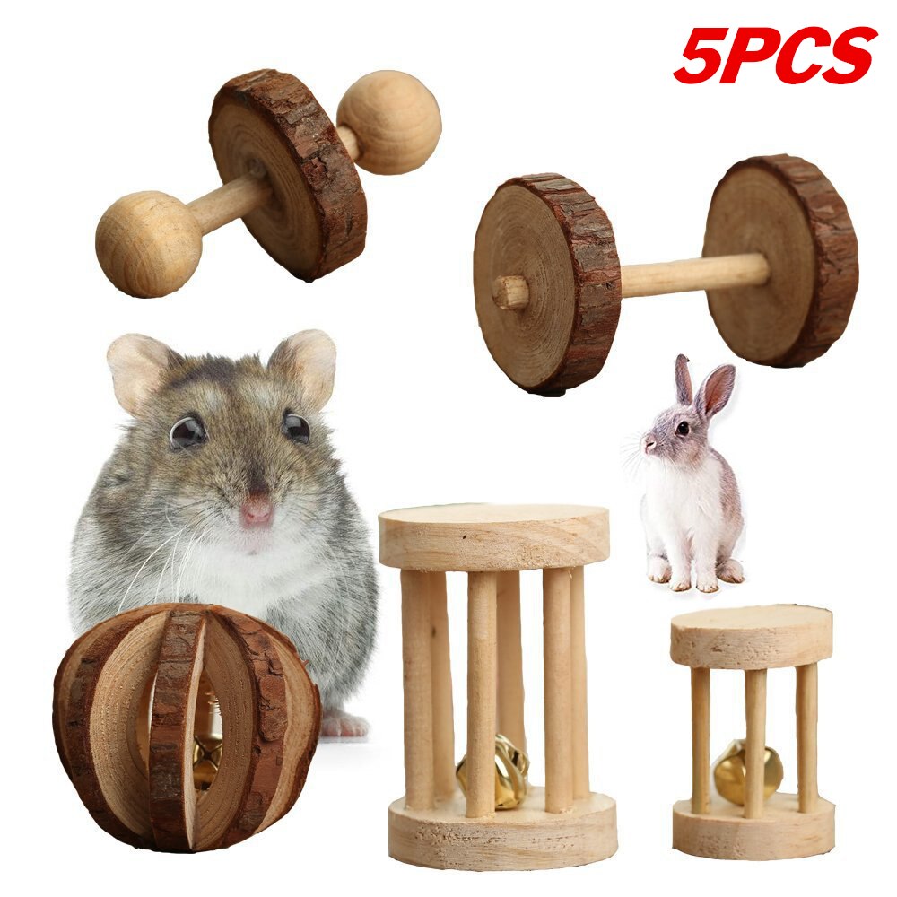 10 stk / sæt kæledyr hamster naturligt træ tygle legetøj chinchilla bur tilbehør kanin legetøj træ håndvægt træning klokke rulle: 5 stk