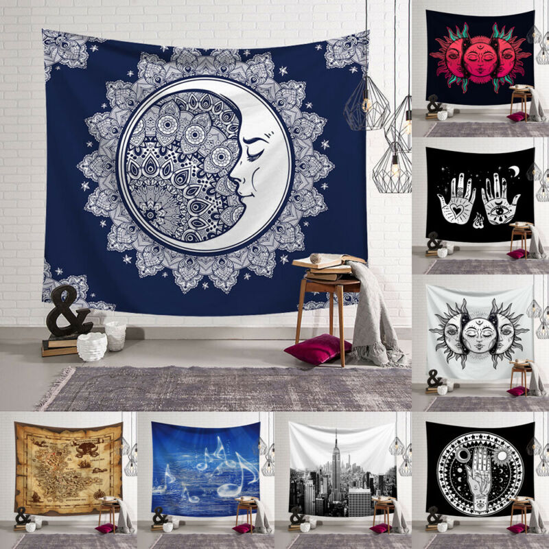 Vintage sol og måne indisk mandala gobelin væghængende hippie sengetæppe sigøjner kunstindretning boheme strandmåtte 95 x 73cm