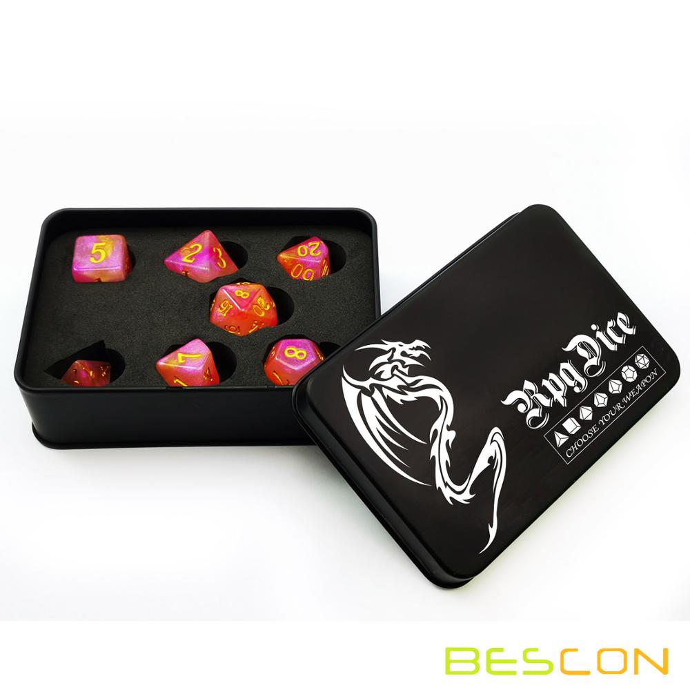 Bescon Magical Stone Dice Set Series, 7pcs Polyhedral RPG Dice Set Fairy Spirit, RoseQuartz, Gold Ore, Dragon Eyes: RoseQuartz Tinbox