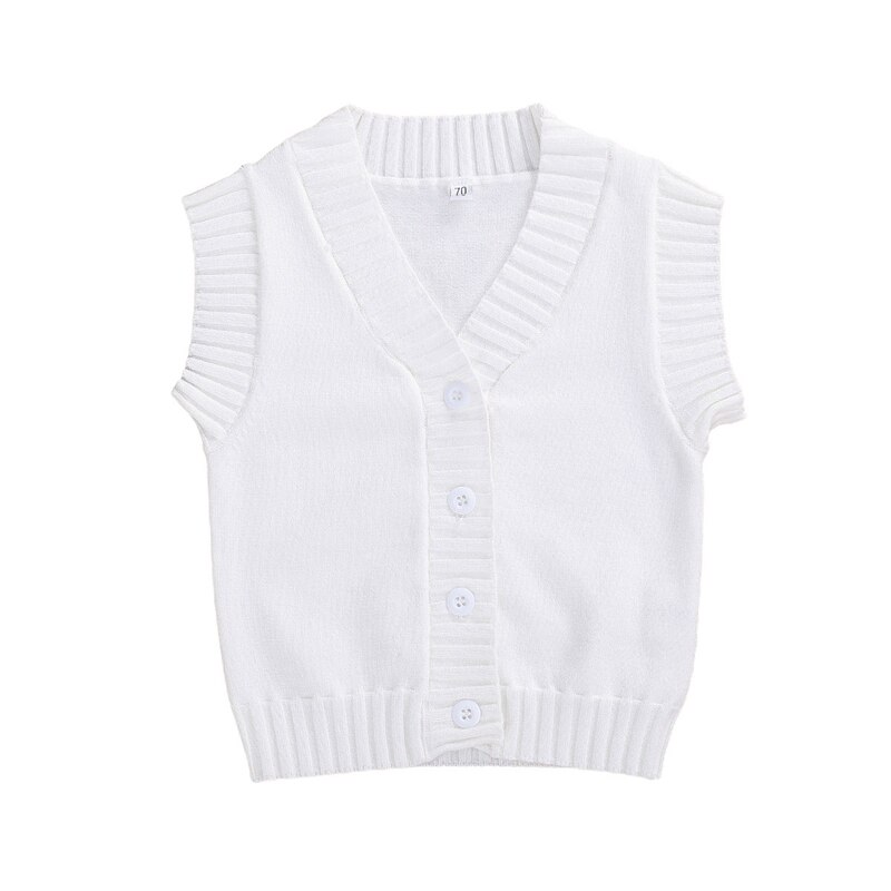 Mode Effen Kleur Baby Jongens Meisjes Vest Mouwloze V-hals Bovenkleding Herfst Kinderen Kleding Enkele Rij Knoppen Peuters Kleding: WHITE / 100