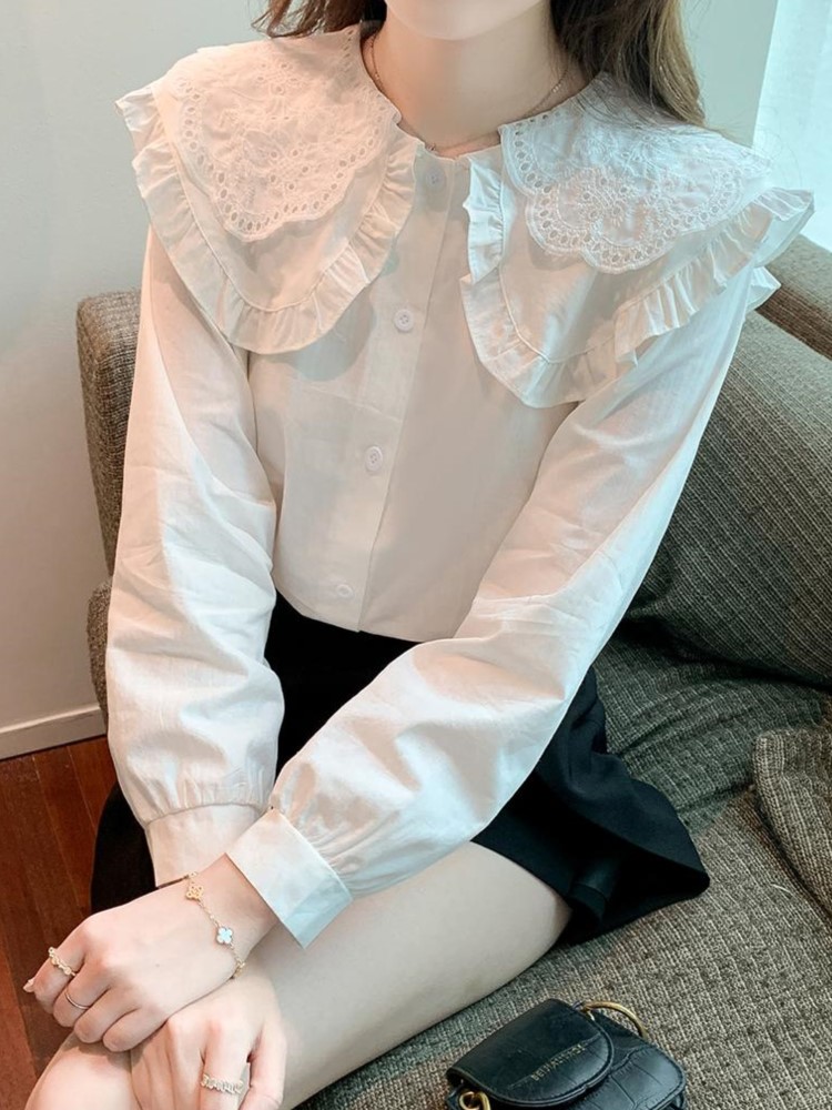 Primavera Patchwork blusa blanca Color sólido manga larga cuello Peter Pan camisa suelta Tops coreana ropa de mujer