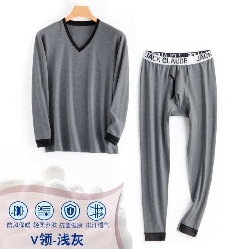 Homme col v sous-vêtement thermique termica Long John ensemble hiver sous-vêtement mérinos pantalon pyjama épais hommes sous-vêtement thermique: light gray / XXL