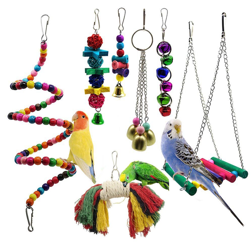 7 juguetes de loros y accesorios para pájaros para mascotas, soporte de oscilación, jaula de periquito, Vogel africano, gris, Speelgoed, Parkiet #15: 7pc 1set