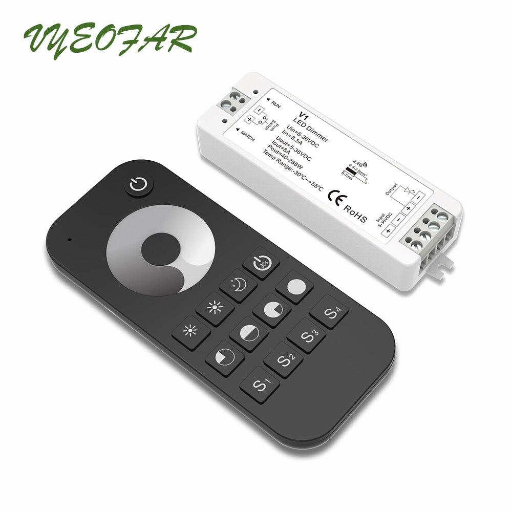 LED Strip Dimmer 12V 5V 24V 36V Input 8A Output PWM Wireless Receiver RF Remote Single Color String Tape Ribbon Light Dim: V1 and RT1