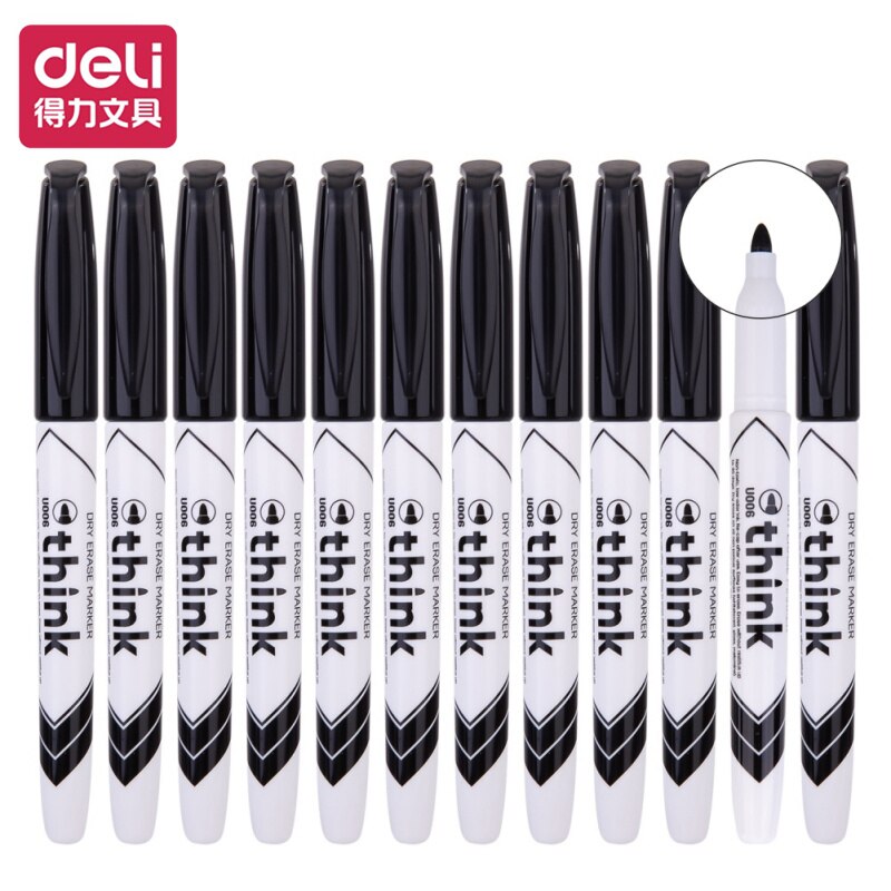 Deli 12pcs/box Whiteboard Pen Erasable Thick Head Large Writing Pen Glassroom Whiteboard Water Marker Meeting Office Stationary