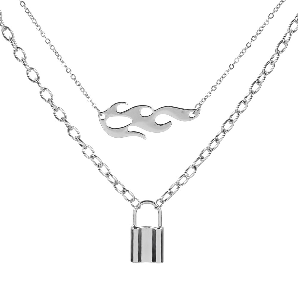 1Pcs Punk Jewelry Gold Silver Color PadLock Pendant Necklace Stainless Steel Rolo Cable Chain Necklace: 3-silver