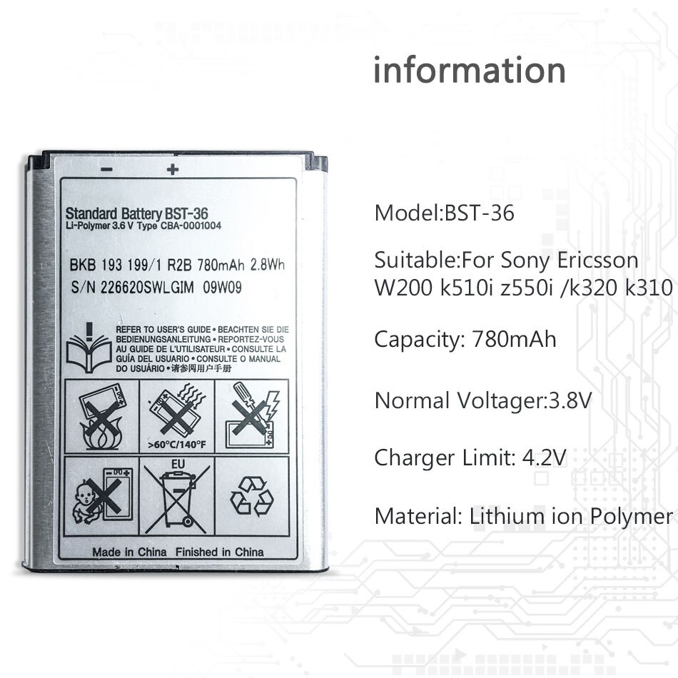 BST-36 For Sony Ericsson J300 K510i Z550a K310 J300C X0001 Z550C K320 K310i K310c K510c Mobile Phone Battery 780mAh