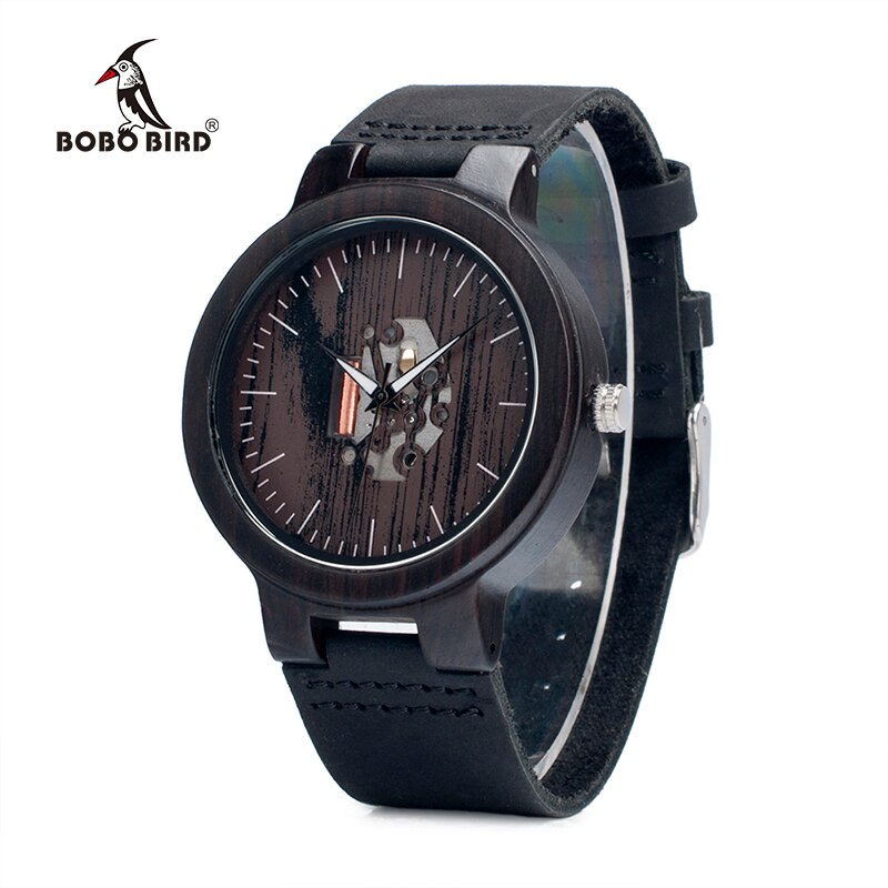 Bobo bird zwart houten herenhorloge met leren band, houten polshorloge, vintage horloge, relogio masculino c -h30