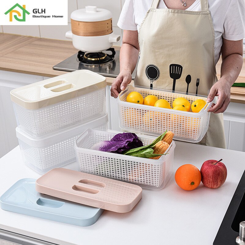 Japanese Plastic Double-Layer Drain Storage Box Rectangle Refrigerator Transparent Sealed Food Preservation Box