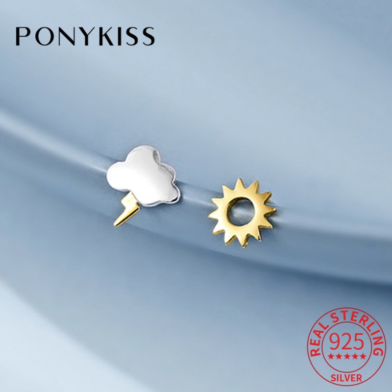 PONYKISS Classic S925 Sterling Silver Clouds and lightning Asymmetry Stud Earrings Women Fine Jewelry Accessory Party