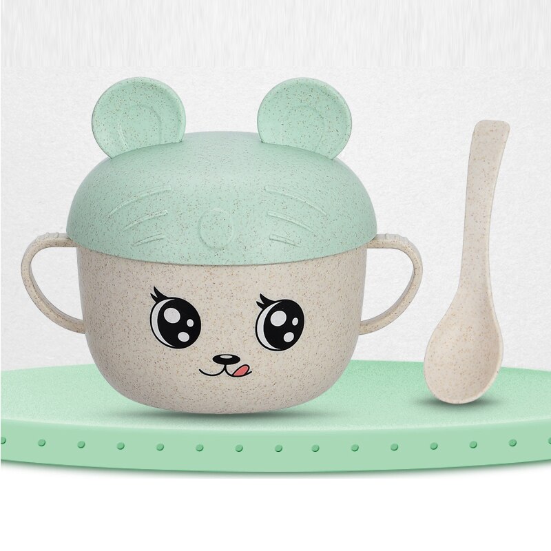 2 Stks/set Babyvoeding Voedsel Servies Tarwe Cartoon Kids Gerechten Kinderen Eten Servies Set Anti-Hete Plaat Training Kom + Lepel: Green With Ear