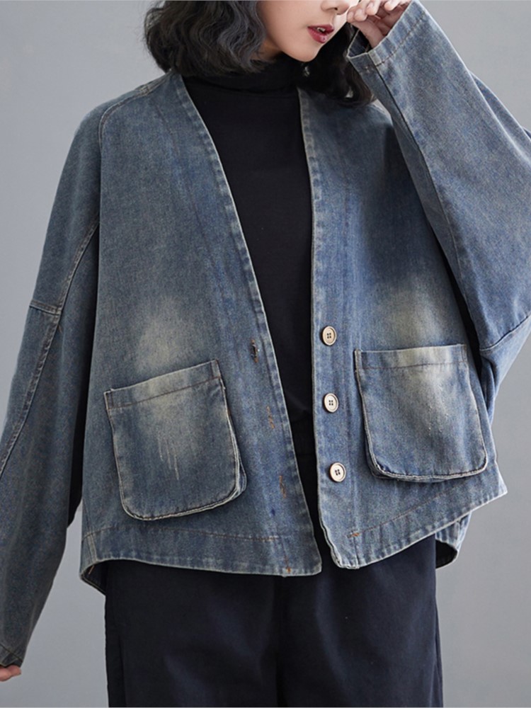 Denim oversized forårsfrakke kvinder afslappet løs plisseret dame cropped jakker langærmet v-hals damejakker frakker