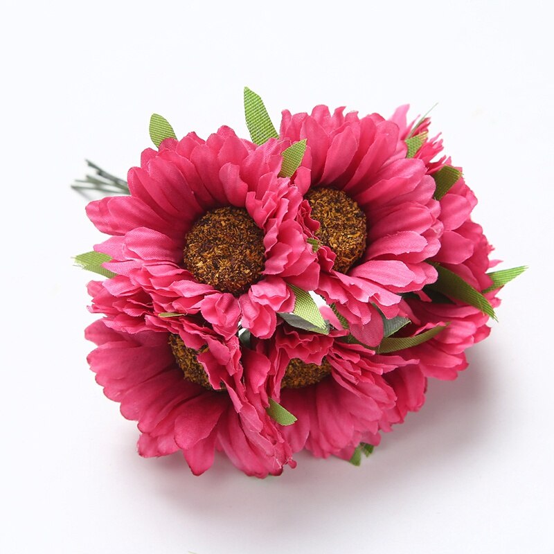 6 stk/parti 5cm kunstig blomst silke gerbera solsikkebukett til bryllup hjemme hage vase dekorasjon diy krans utklippsbok: Rosenrød / 2 haug
