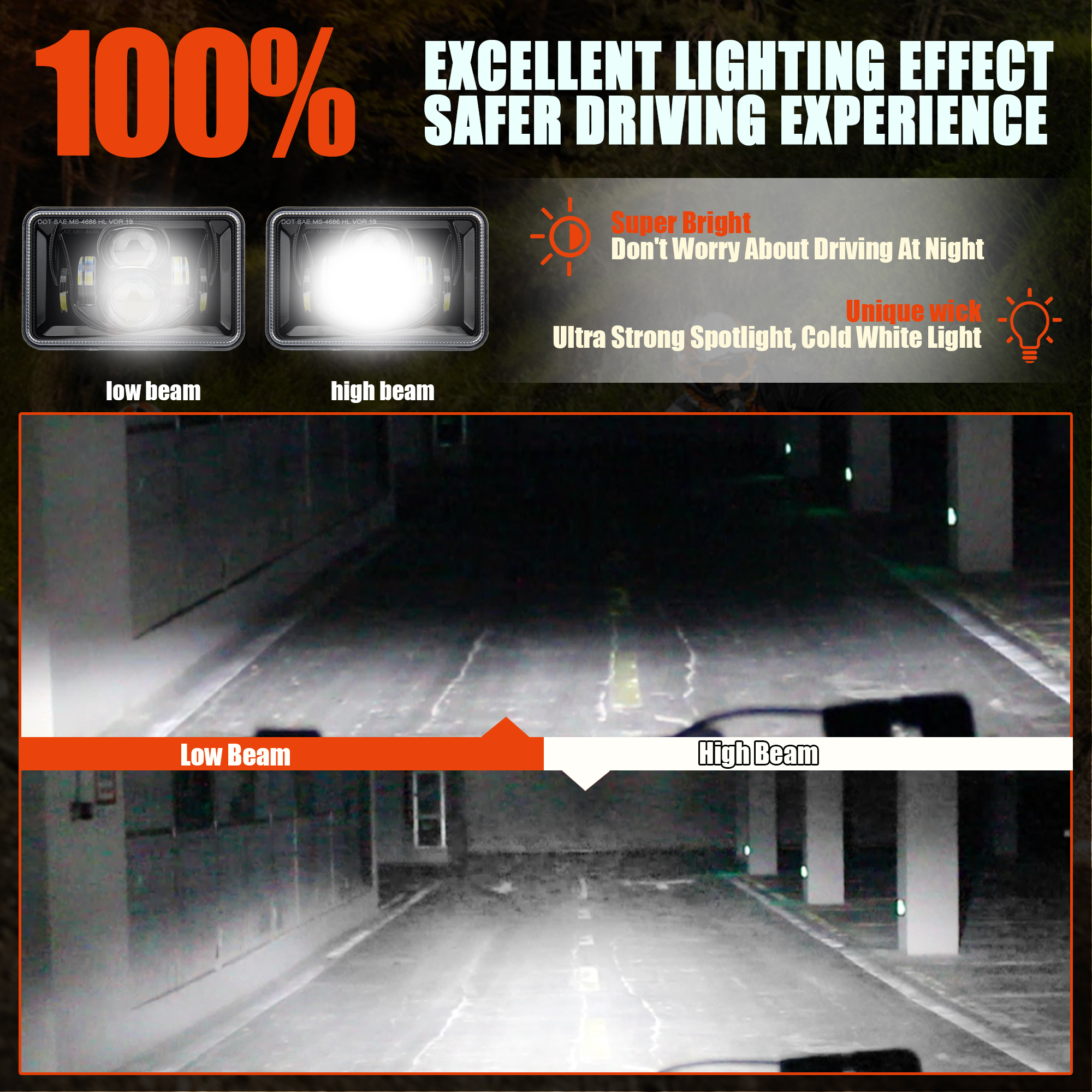 4×6 Rectangular Led Headlight 60W Driving High Low Beam Lights H4651 H4652 H4656 H4666 H6545 Headlamp Replacement Compatible