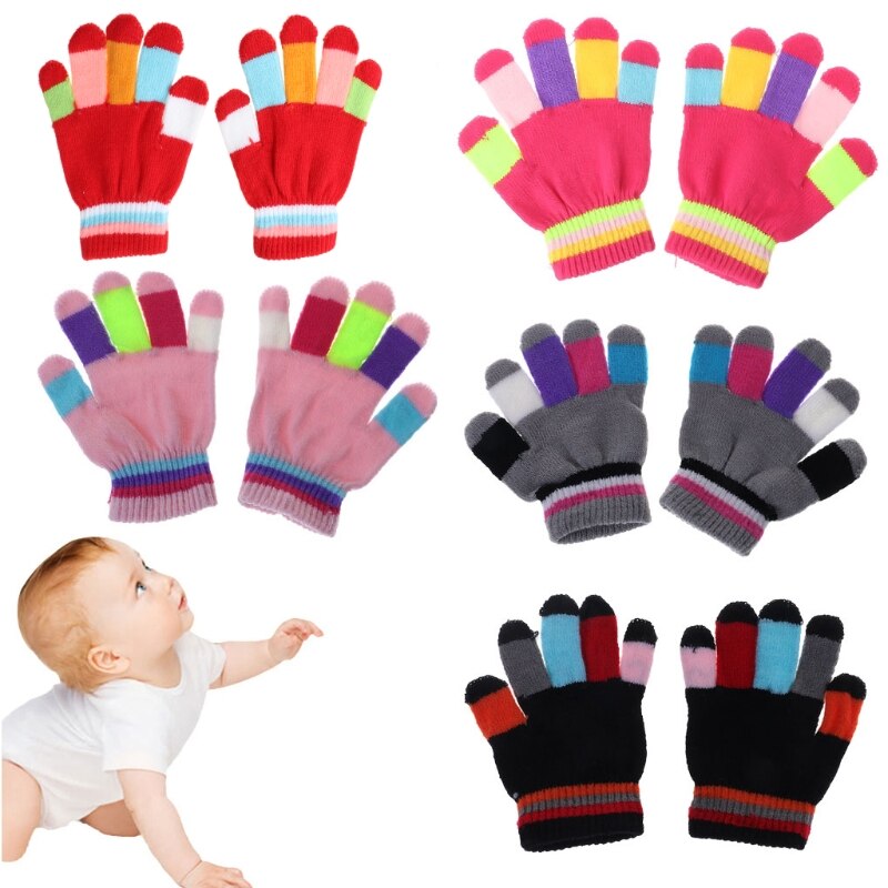 1 Paar Kids Handschoenen Volledige Vinger Warme Winter Kinderen Kleurrijke Streep Gebreide Jongens Meisjes Effen Handschoen Multi Kleur Elastische