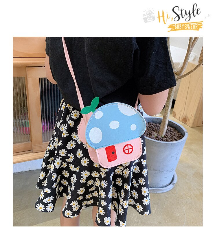 Cute Children Mini Shoulder Bags Lovely Girls Mushroom Coin Purse PU Leather Kawaii Baby Kids Small Crossbody Bags: Blue