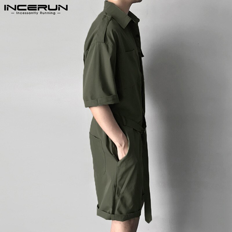 INCERUN Streetwear Männer Gesamt-spielanzug Gürtel Taschen Halbes Feste Hosen Männer Lässig Gesamt Overall Harajuku