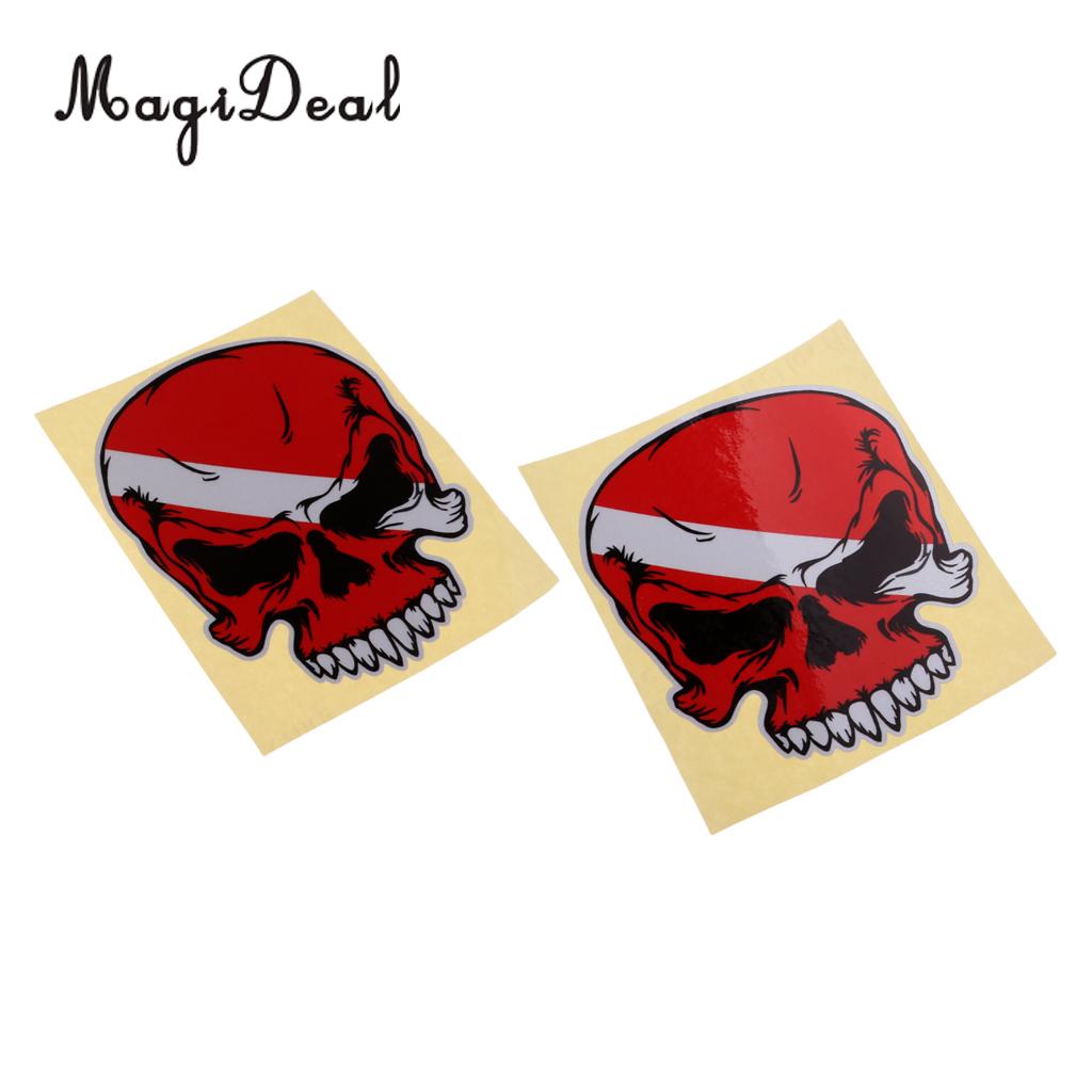Pack 2 Large Reflective Skull, Diver Down, Fish Skeleton Sticker Decal for Scuba Diving, Snorkeling, Spearfishing, Freediving: Red Skull
