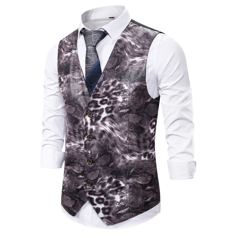 Mens Vest Casual Glossy Beast Leopard 3D Print Gilet Hombre Formal Waistcoat Men Sleeveless Jacket Party Wedding Dress Suit Vest