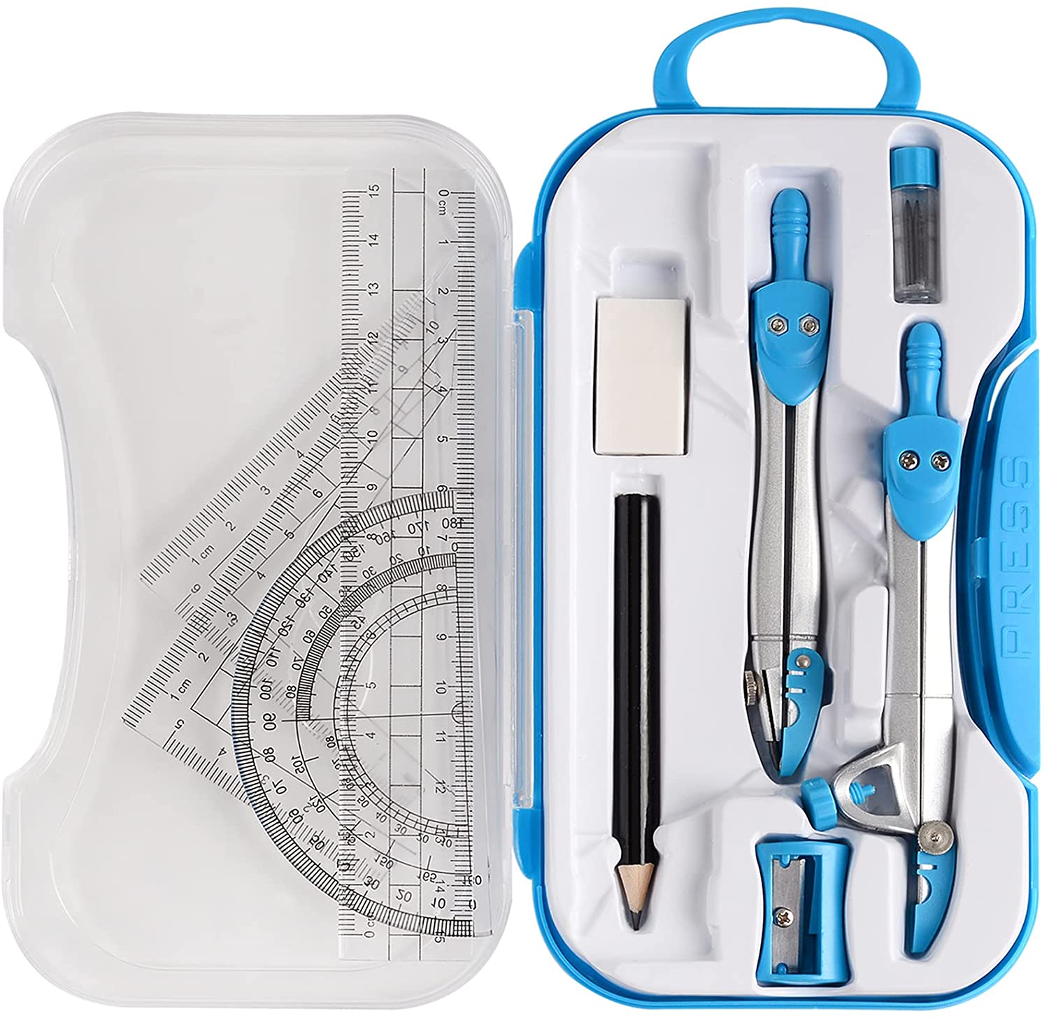 10 Stuks Geometry Math Tool Kit Met Kompassen Gradenboog Potlood Gum Puntenslijper Vierkante Driehoek Heerser Lood Vullingen Opbergdoos