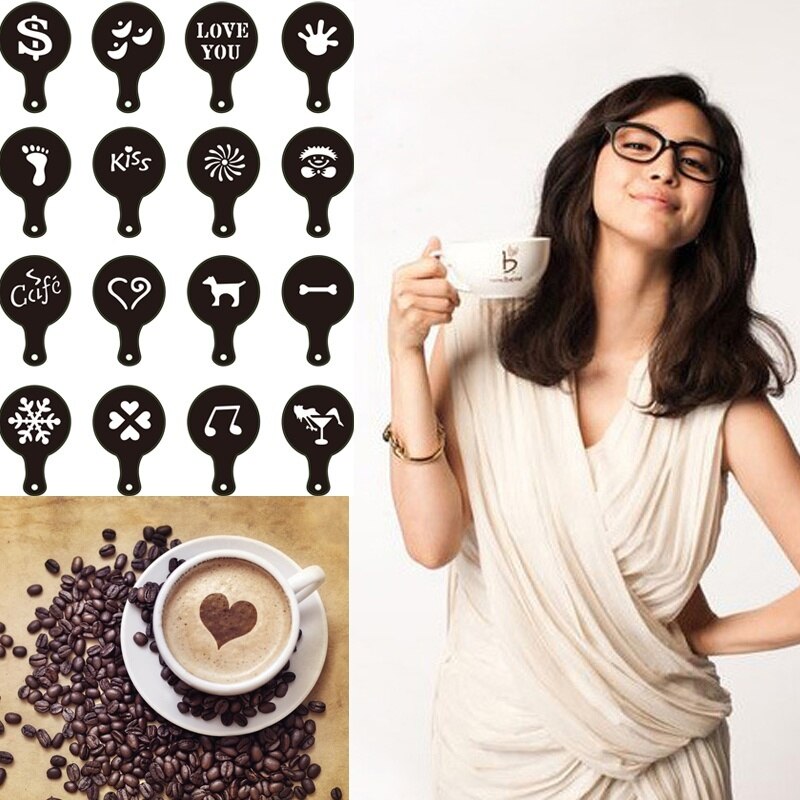 16Pcs/Set Cute Coffee Barista Stencils Template Strew Pad Duster Spray Kitchen Household Tools