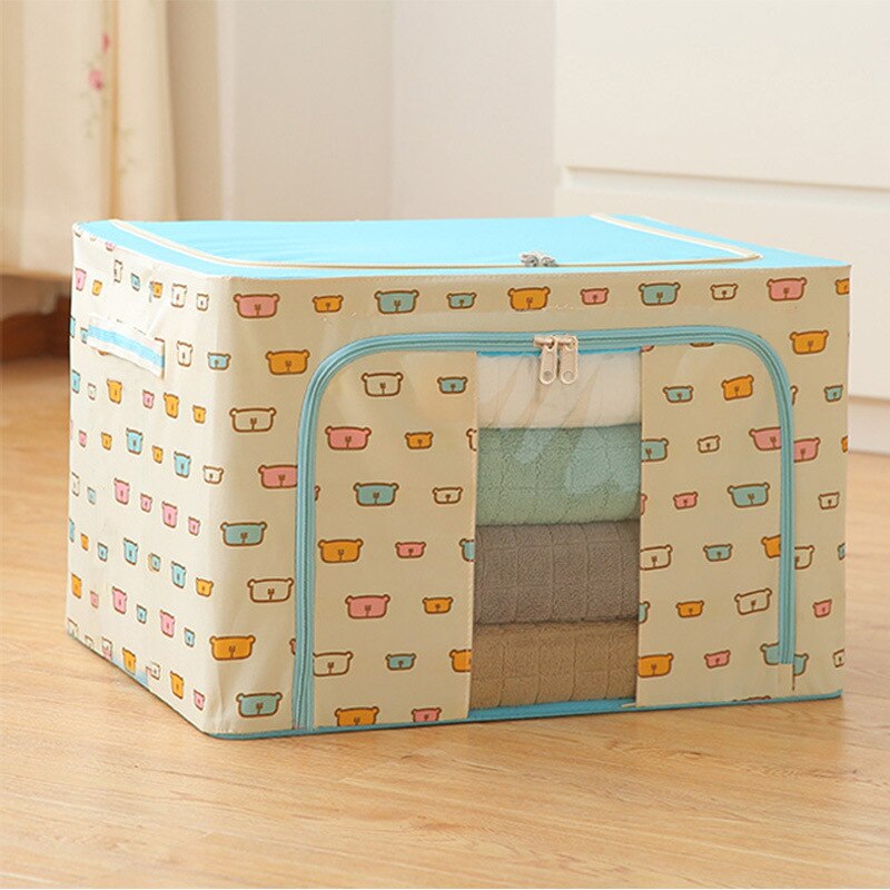 Steel Frame Storage Box Oxford Cloth Finishing Box Quilt Storage Box Folding WarDrobe Cloth Extra Large Storage Bag With Lid: Blue bear / 22 liters