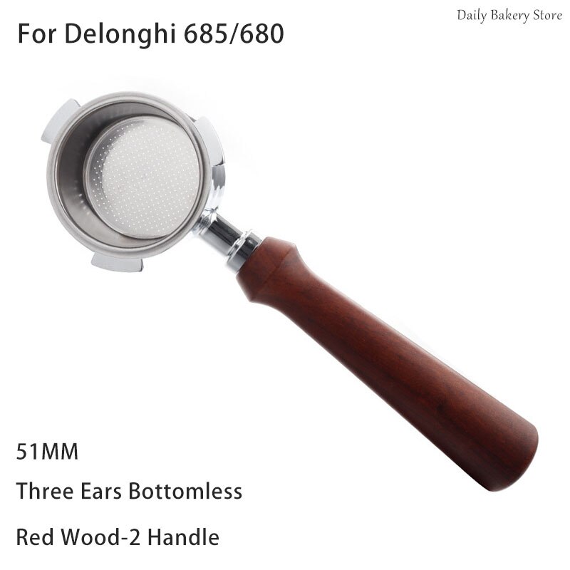 51mm Kaffee Filter für Delonghi 680/685 Ersatz Kaffee Maschine Griff Drei Ohren Boden Kaffee Griff Kaffee Zubehör: 3 Ears-Red Wood-2