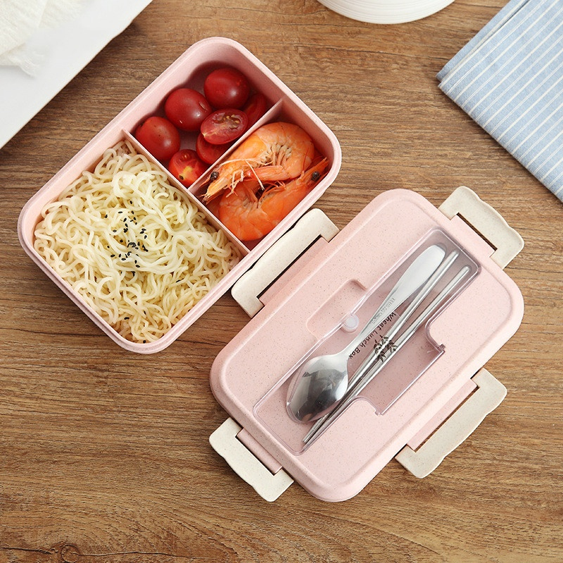 Fiambrera con cuchara, palillos, vajilla de paja de trigo, contenedor de almacenamiento de alimentos, caja Bento para microondas para escuela y oficina