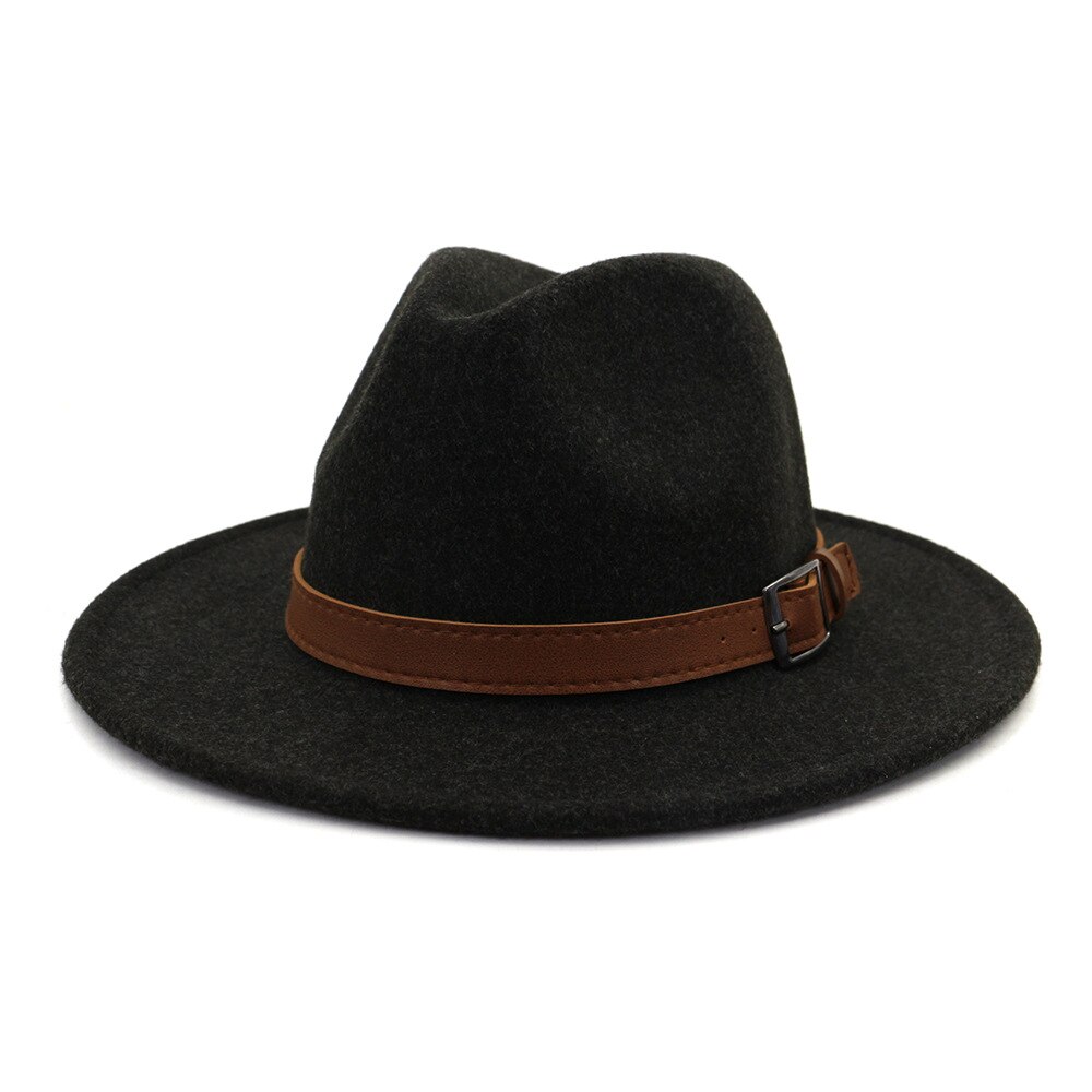 Sombrero Fedora de lana con lazo de cuero para hombre, gorra redonda americana y europea, color negro, para Otoño e Invierno: 4