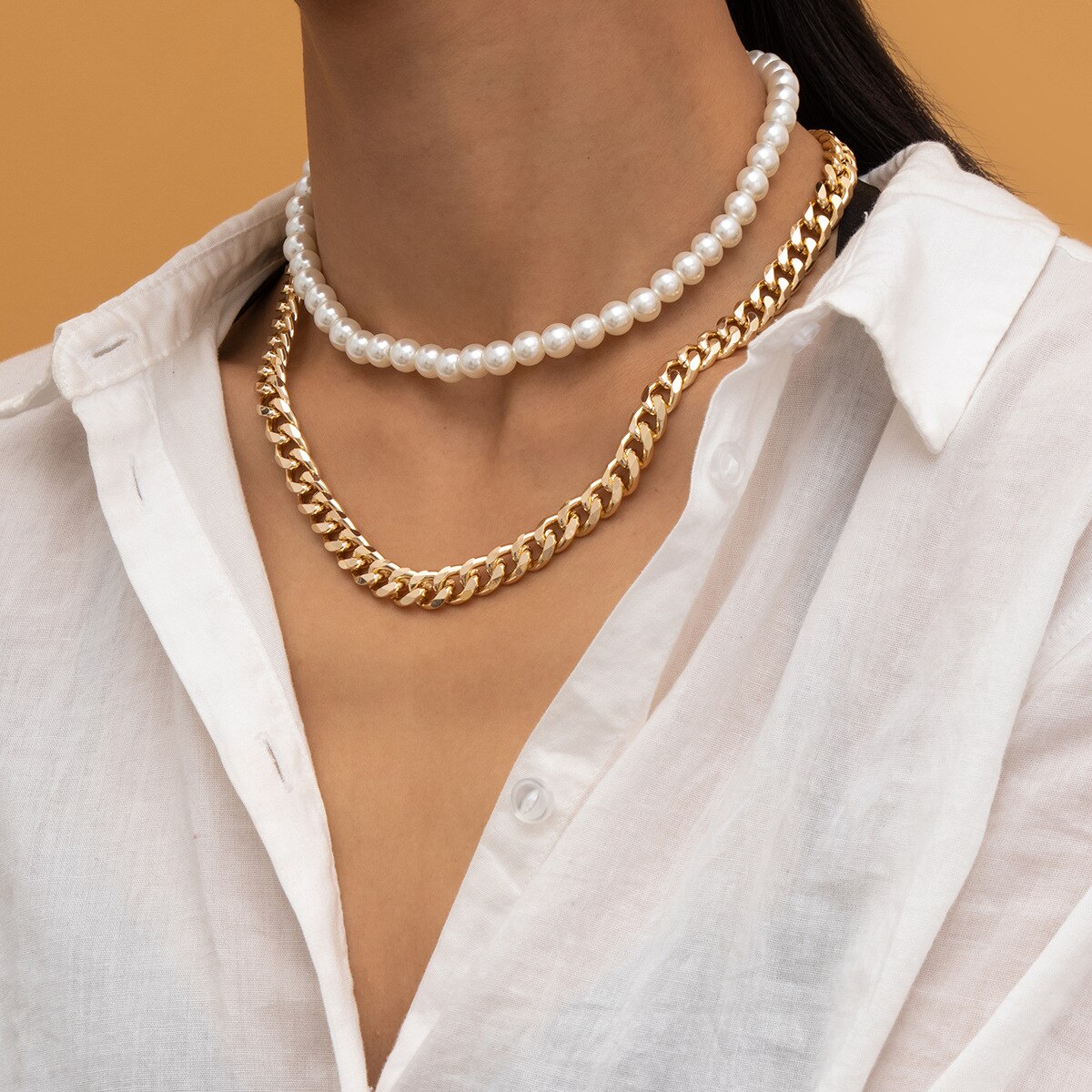 Accessoires Temperament Eenvoudige Imitatie Parel Sautoir Vrouwelijke Kralen Mode Uitgeholde Geometrie Punk Ketting