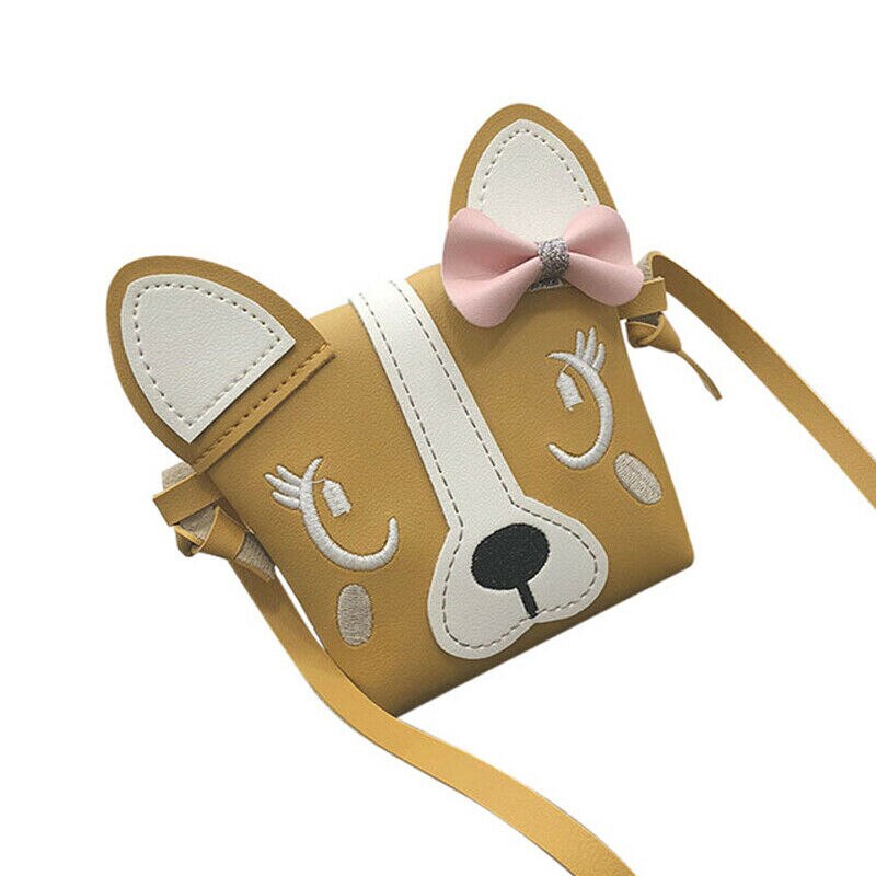 Mini bolso de hombro de piel sintética para niños y niñas, bolsa de mensajero informal con lazo de perro bonito: YELLOW