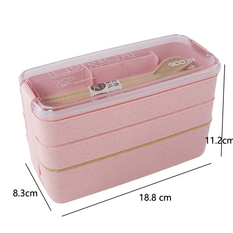 Health Material 3 Layers Lunch Box Microwavable Japanese Bento Food Container Eco-Friendly Wheat Straw 900ml Lunchbox