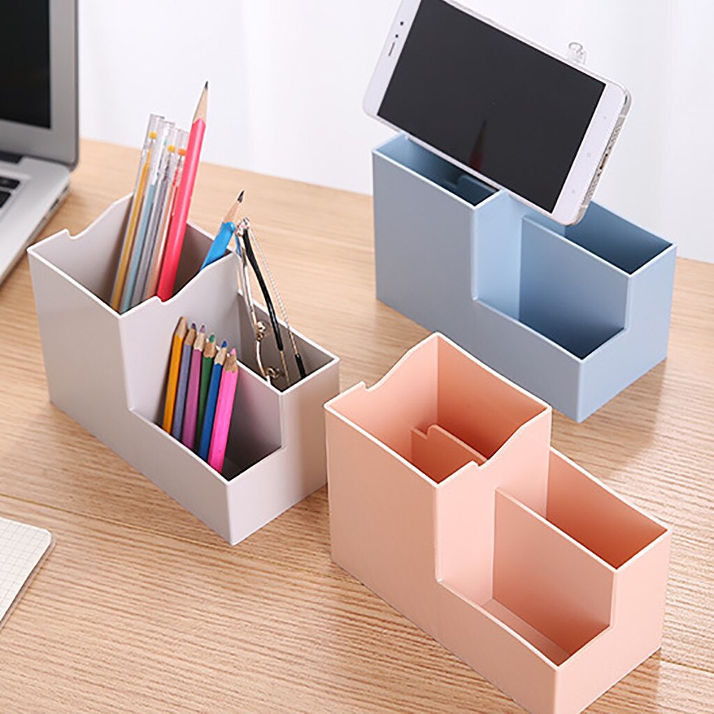Multi-function 3 Grid Desktop Pen Holder Office School Storage Case Clear White Black Plastic Box Desk Pen Pencil Organizer
