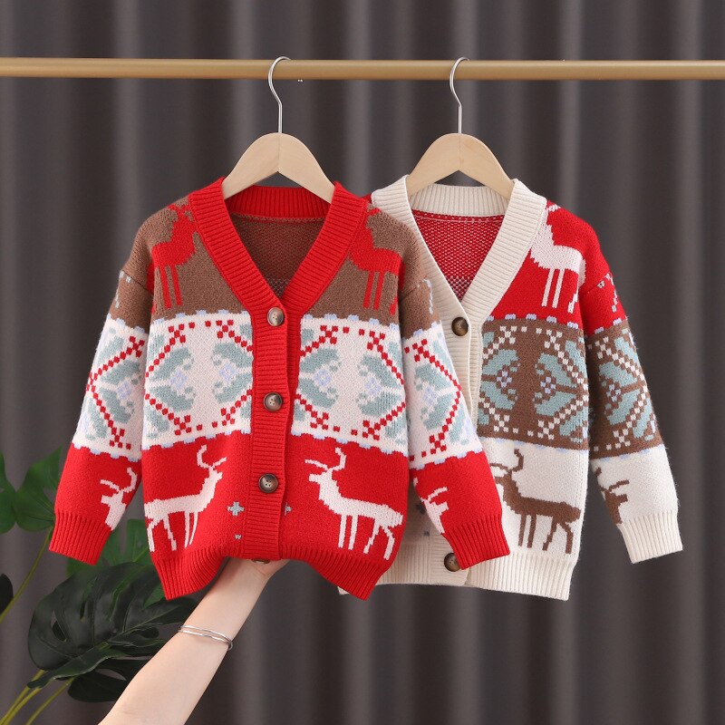Ins Girls Sweaters Knit Children Christmas Sweaters Girls Winter Fleece Cardigans Girls&#39; Cardigans