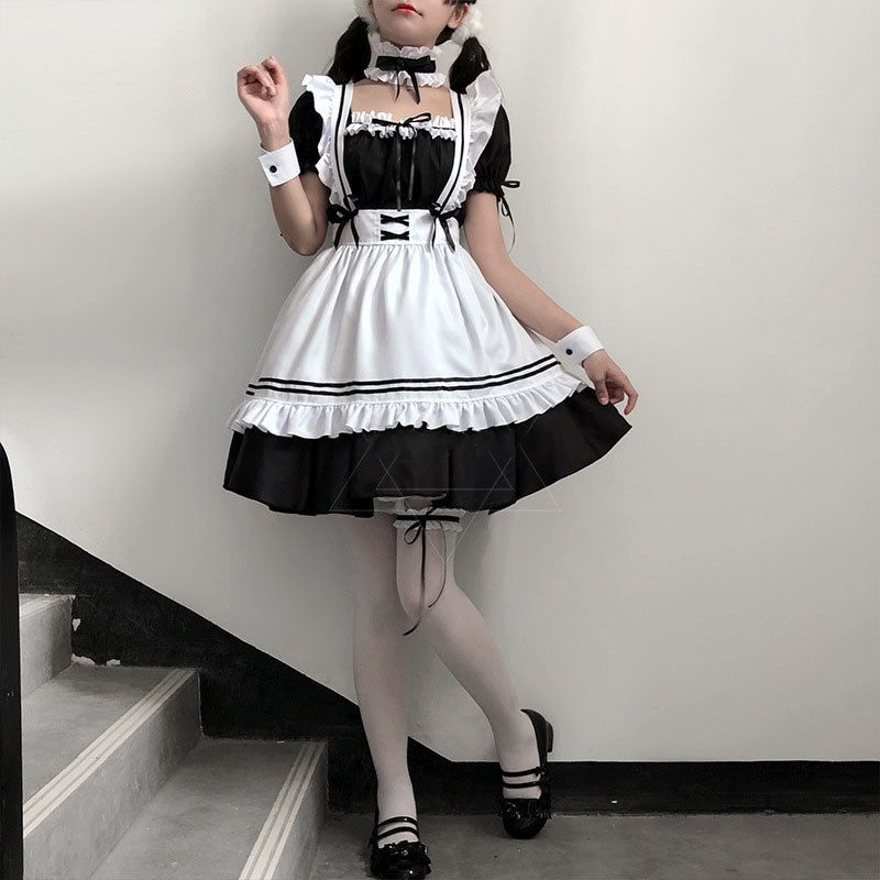 Lolita mekko japanilainen mustavalkoinen piika -asu naisten päivittäinen loli maid esiliina makea ja söpö coslpay