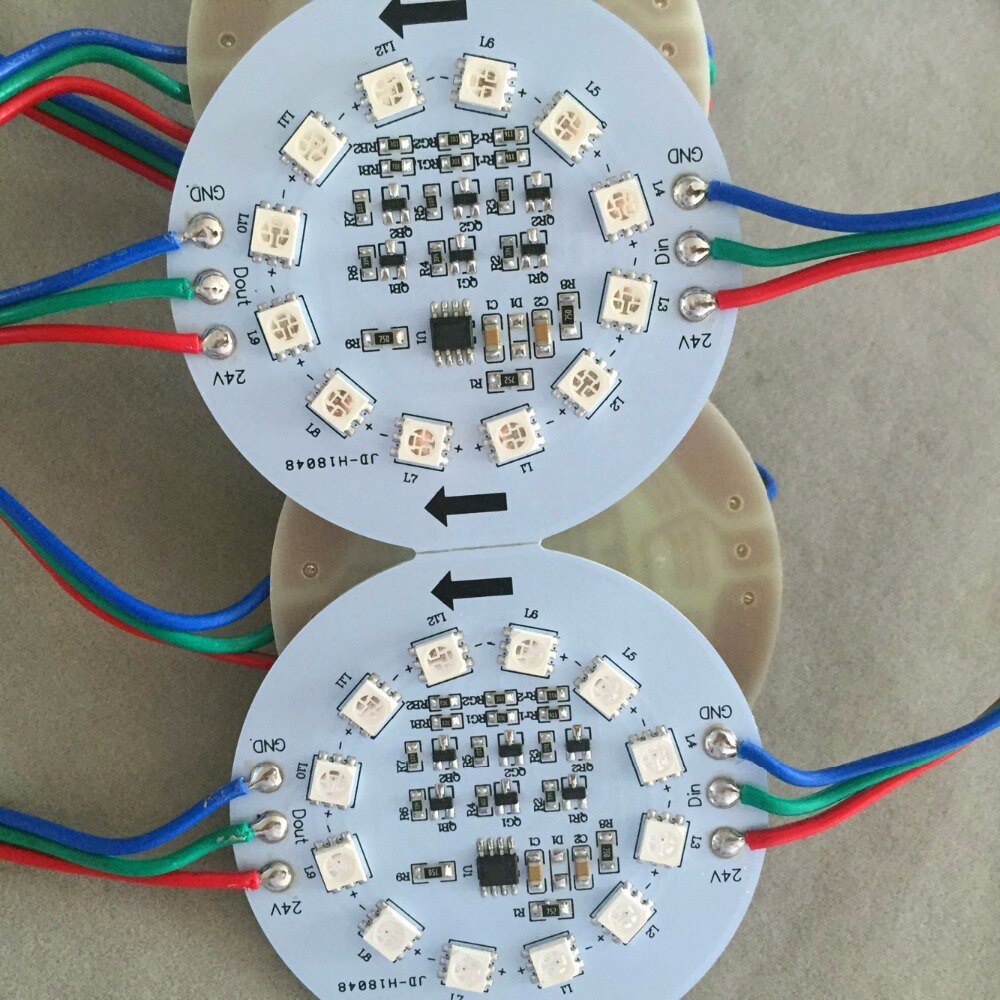 20 stks DC24V niet-waterdichte WS2811 pixel module, 2.88 W; 67mm diameter; 12 stks 5050 rgb leds, adresseerbare; 15 cm draad lengte