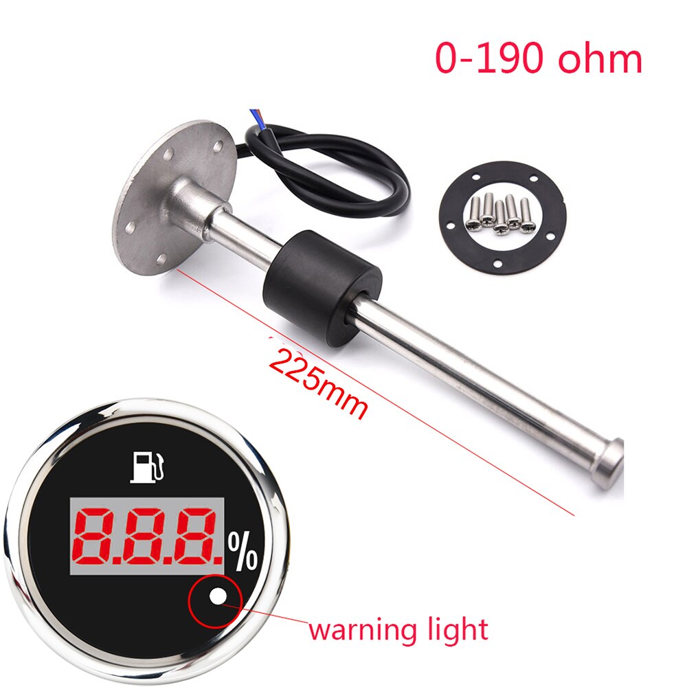 100% Digital 52MM Fuel Level Gauge Warning Light Oil Tank Indicator Marine Fuel Level Sensor 125mm 150mm 200mm 250mm 400mm 500mm: 225MM BS 0-190ohm