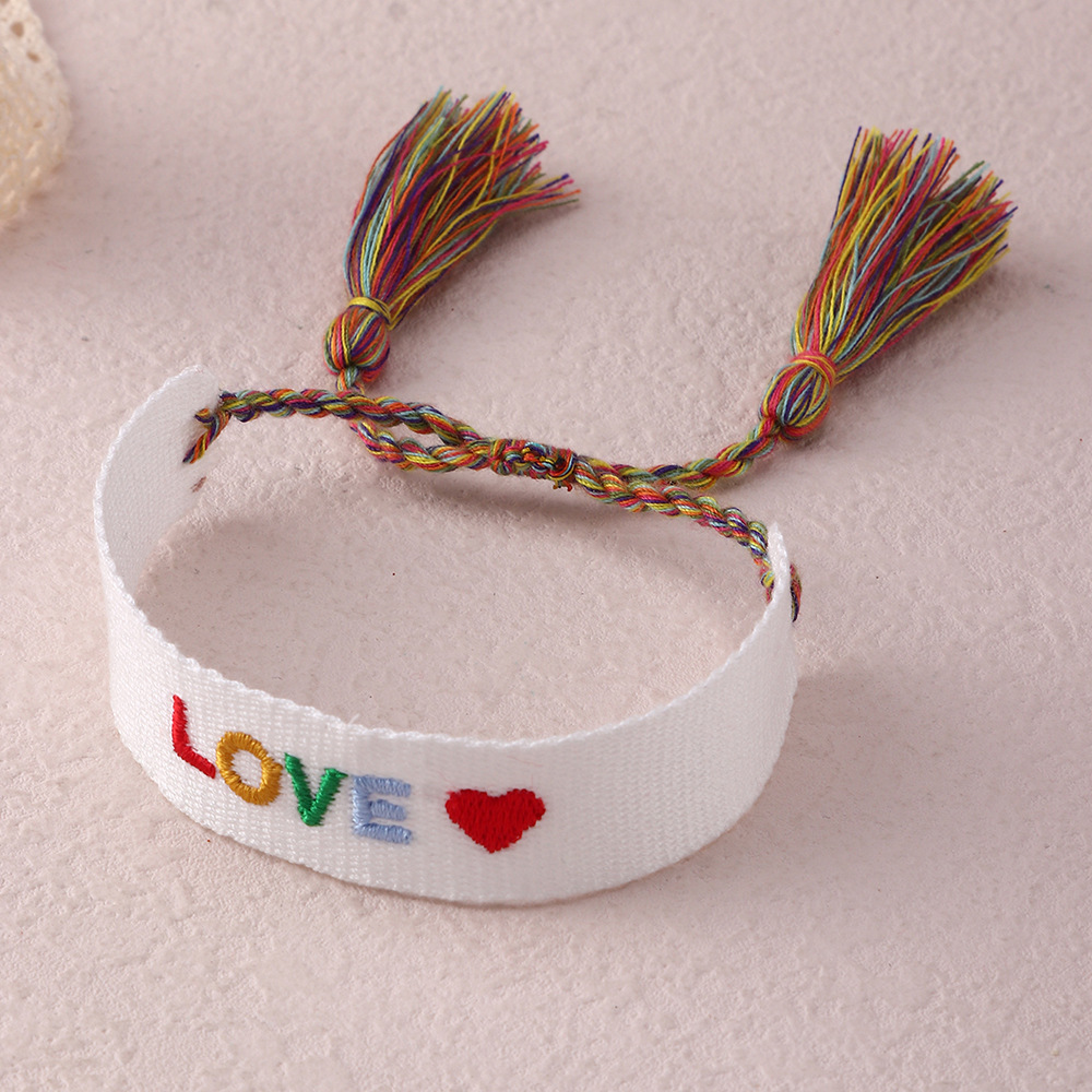 Bracelet en tissu brodé de lettres ethniques pour femmes, bijoux de luxe, style bohème, pompon réglable, d&#39;amitié: BZ1495A