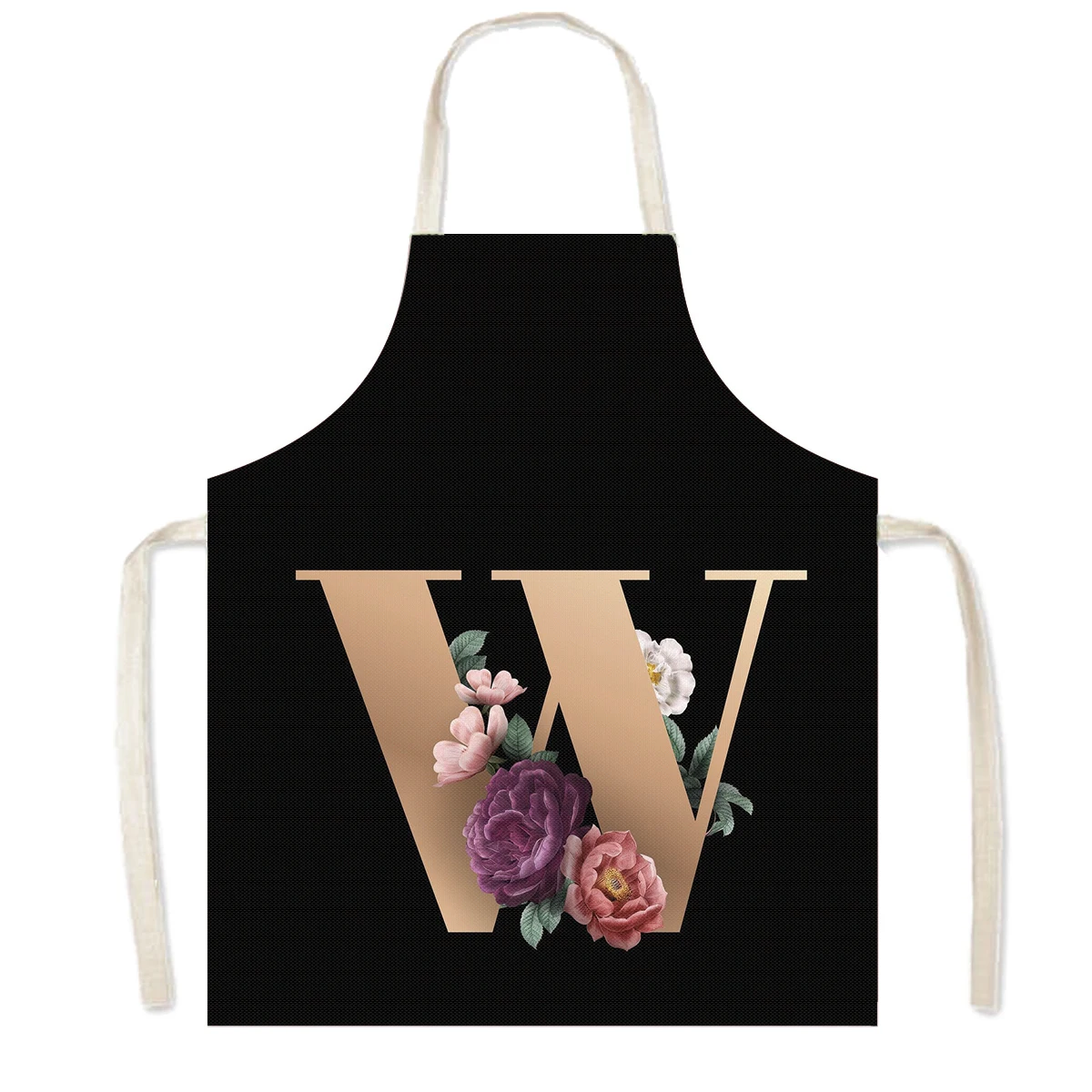 Delantal de cocina con estampado de flores y 26 iniciales, delantales de cocina con letras de A-Z para mujer, Chef de barbacoa, camarero, herramienta de limpieza para hornear en casa, delantal