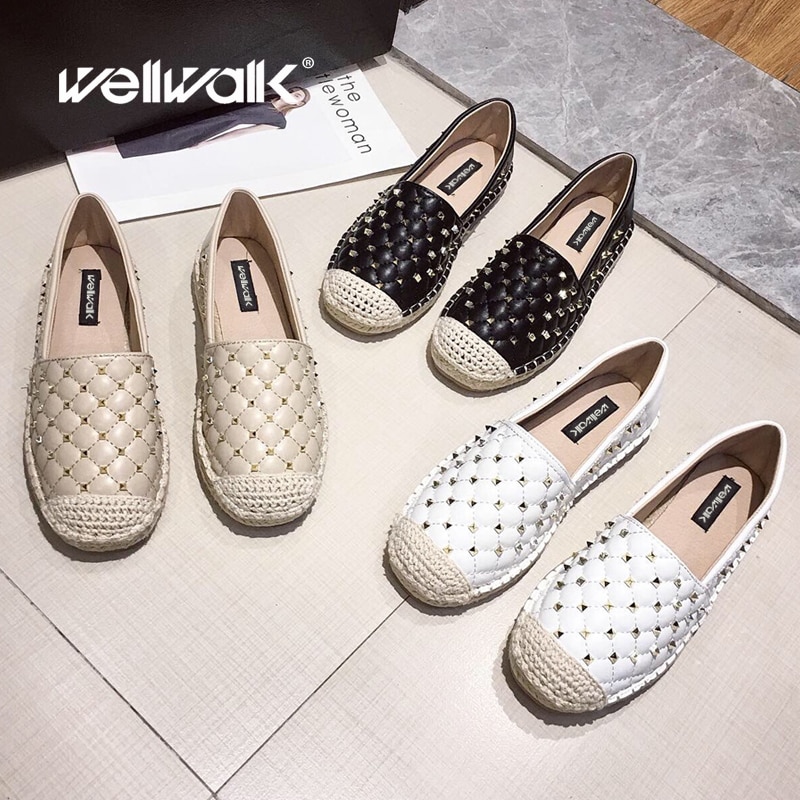 Rivet Stud Loafers Women Flats Hemp Shoes Round Toe Espadrilles Female Slip On Casual Shoe Woman Spring Autumn Moccasin